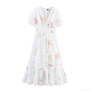 French Retro Floral Maxi Dress V Neck Lace Splicing Puff Sleeve A-Line Polyester Long Dress For Women Summer Vacation Party