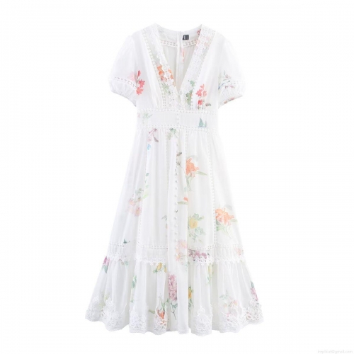French Retro Floral Maxi Dress V Neck Lace Splicing Puff Sleeve A-Line Polyester Long Dress For Women Summer Vacation Party