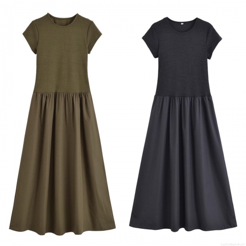 Women's Summer Spliced Maxi Dress Ribbed Knit Top Woven Skirt Round Neck Short Sleeve Solid Color Waist Cinching Casual Long Dress