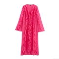Women's Elegant Maxi Dress Solid Rose Red Round Neck Long Sleeve Multi Layer Ruffle Trim Loose Fitting Pullover A-Line Polyester Dress For Summer Party Vacation