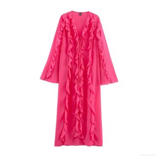 Women's Elegant Maxi Dress Solid Rose Red Round Neck Long Sleeve Multi Layer Ruffle Trim Loose Fitting Pullover A-Line Polyester Dress For Summer Party Vacation