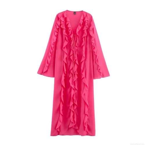 Women's Elegant Maxi Dress Solid Rose Red Round Neck Long Sleeve Multi Layer Ruffle Trim Loose Fitting Pullover A-Line Polyester Dress For Summer Party Vacation