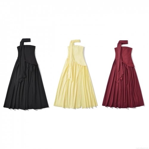 Women Off Shoulder Strapless Maxi Dress Polyester Ribbon Decoration Patchwork Waist Cinched Sexy Summer Long Evening Party Dress for Women