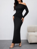 Sexy Women Black Off-shoulder Diagonal Collar Long Sleeve Maxi Dress Ruched Waist Slim Fit Elegant Evening Party Cocktail Dress High Quality Polyester Spandex Blend