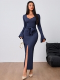Sexy V-Neck Ribbed Knit Maxi Dress For Women Slim Fit Bell Sleeve Slit Long Sleeve Bodycon Dress With Waist Tie Party Casual Wear