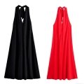 Women Sexy Backless Halter Neck Maxi Dress Deep V-Neck Lace-up Plain Color Satin Feel Long Dresses For Evening Party Club Night Date Summer Autumn Streetwear