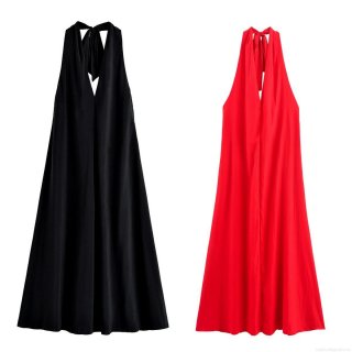 Women Sexy Backless Halter Neck Maxi Dress Deep V-Neck Lace-up Plain Color Satin Feel Long Dresses For Evening Party Club Night Date Summer Autumn Streetwear