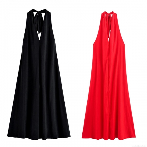 Women Sexy Backless Halter Neck Maxi Dress Deep V-Neck Lace-up Plain Color Satin Feel Long Dresses For Evening Party Club Night Date Summer Autumn Streetwear