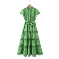 Women European Style Grass Green Hollow Out Lace Embroidery Maxi Dress Short Sleeve Tiered Layered Cake Dress With Belt For Party Daily Fashion