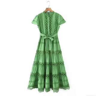Women European Style Grass Green Hollow Out Lace Embroidery Maxi Dress Short Sleeve Tiered Layered Cake Dress With Belt For Party Daily Fashion