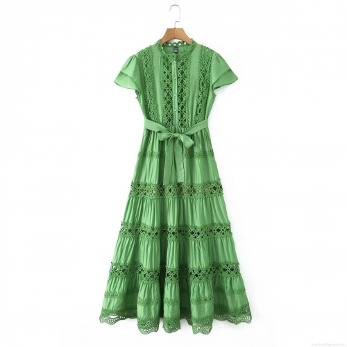 Women European Style Grass Green Hollow Out Lace Embroidery Maxi Dress Short Sleeve Tiered Layered Cake Dress With Belt For Party Daily Fashion