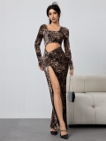 Sexy Leopard Print Cut Out Maxi Dress Y2K High Slit Long Sleeve Square Neck Bodycon Long Skirt For Women Party Night Out Clubwear