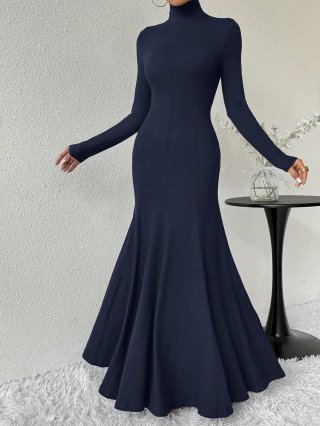Elegant Navy Blue Knitted Maxi Dress High Neck Long Sleeve Slim Fit Fish-tail Bodycon Dress For Women Autumn Winter Sophisticated Commuter Dress
