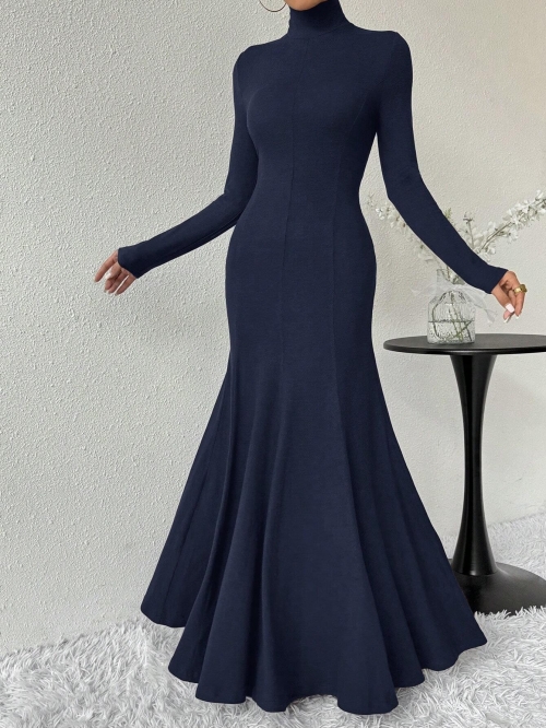 Elegant Navy Blue Knitted Maxi Dress High Neck Long Sleeve Slim Fit Fish-tail Bodycon Dress For Women Autumn Winter Sophisticated Commuter Dress