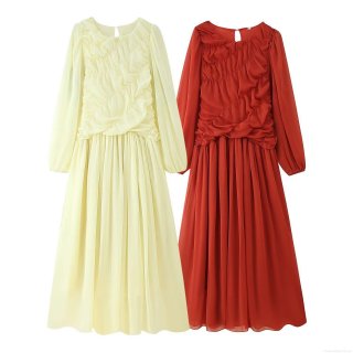 Autumn Women Round Neck Long Sleeve Pleated Maxi Dress Polyester Mesh Patchwork Slim Fit Waist A-Line Solid Color Elegant Dress For Daily Party Streetwear