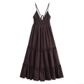Women Backless V Neck Spaghetti Strap Tiered Maxi Dress Solid Coffee Polyester Crinkle Fabric Smocked Waist Criss Cross Lace Up Bohemian Street Style Summer Autumn Vacation Long Dress