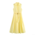 Women's Sleeveless Maxi Dress Lapel Single Breasted Shirt Dress With Belt Pale Yellow Solid Color Poplin Polyester Summer Fall Street Style Casual Daily Party Gown