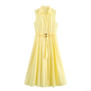 Women's Sleeveless Maxi Dress Lapel Single Breasted Shirt Dress With Belt Pale Yellow Solid Color Poplin Polyester Summer Fall Street Style Casual Daily Party Gown