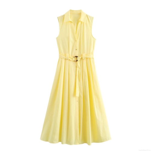 Women's Sleeveless Maxi Dress Lapel Single Breasted Shirt Dress With Belt Pale Yellow Solid Color Poplin Polyester Summer Fall Street Style Casual Daily Party Gown