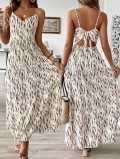 Women's Vacation Bohemian Maxi Dress V Neck Spaghetti Strap Backless Tiered Dotted Stripe Print Summer Beach Long Dress