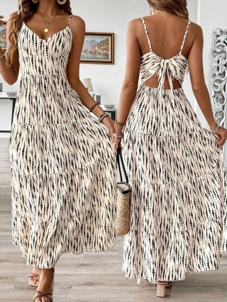 Women's Vacation Bohemian Maxi Dress V Neck Spaghetti Strap Backless Tiered Dotted Stripe Print Summer Beach Long Dress
