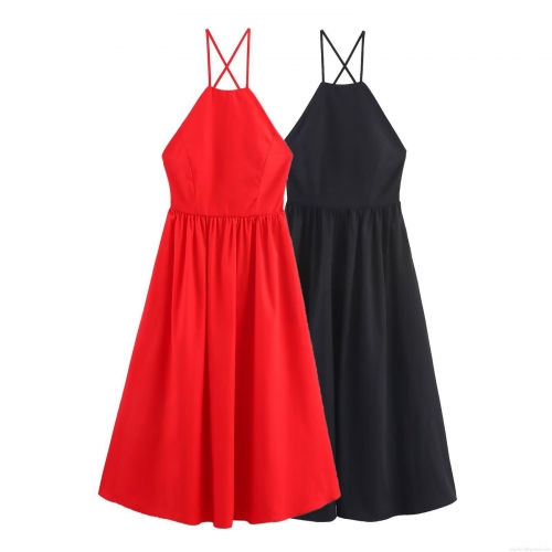 Women's Sexy Halter Backless Cross Strap Maxi Dress Solid Color Sleeveless A-Line Party Dress Elegant Streetwear Evening Gown