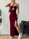 Women's Sexy Halter Neck Cut Out Maxi Dress Backless High Slit Bodycon Knitted Polyester Spandex Solid Color Elegant Celebrity Style Party Clubwear Night Out Summer Dress
