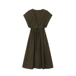 Women's V Neck Sleeveless Waist Tie Solid Color A-Line Maxi Dress 100% Polyester Elegant Streetwear Autumn Fall Single Breasted Long Dress For Women