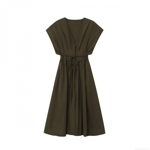 Women's V Neck Sleeveless Waist Tie Solid Color A-Line Maxi Dress 100% Polyester Elegant Streetwear Autumn Fall Single Breasted Long Dress For Women