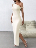 Women's Sexy One Shoulder Side Split Maxi Dress Elegant Cream Solid Color Sleeveless Ribbed Knit Bodycon Long Dress Polyester Elastane For Summer Party Clubwear