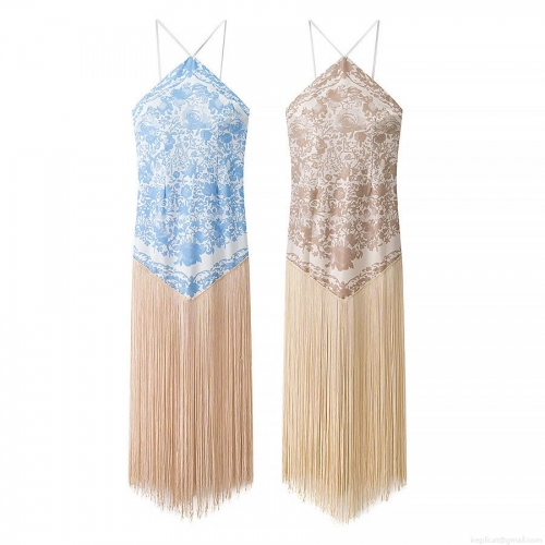 Women's Bohemian Floral Print Halter Backless Maxi Dress With Long Tassels Sexy Sleeveless Polyester Patchwork Party Evening Long Dress For Ladies