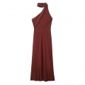 Women Elegant Asymmetric Satin Halter Maxi Dress With Scarf Collar Off-Shoulder Sleeveless Pleated Solid Color Evening Party Long Dress