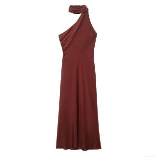 Women Elegant Asymmetric Satin Halter Maxi Dress With Scarf Collar Off-Shoulder Sleeveless Pleated Solid Color Evening Party Long Dress