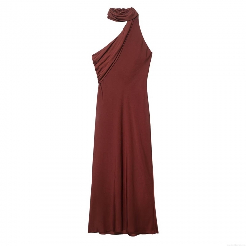 Women Elegant Asymmetric Satin Halter Maxi Dress With Scarf Collar Off-Shoulder Sleeveless Pleated Solid Color Evening Party Long Dress