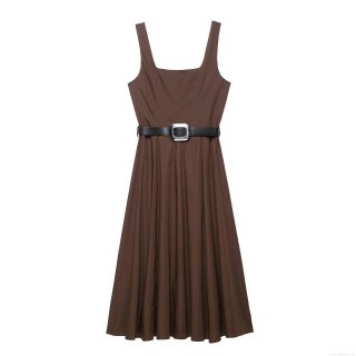 Women's Square Neck Sleeveless Maxi Dress With Faux Leather Belt Square Metal Buckle Solid Color Chic European Style Polyester Long Dress