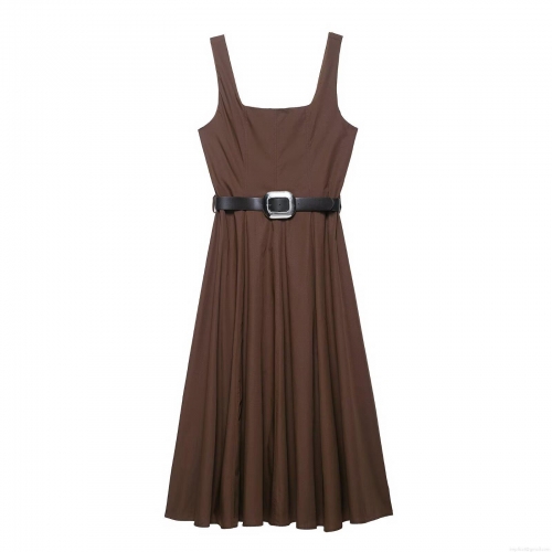 Women's Square Neck Sleeveless Maxi Dress With Faux Leather Belt Square Metal Buckle Solid Color Chic European Style Polyester Long Dress