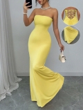Women's Sexy Strapless Backless Lace-up Maxi Dress Slim Fit Bodycon Knit Long Dress for Party Evening Clubwear Solid Color Yellow