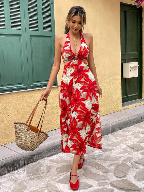 Sexy Backless Halter Maxi Dress Floral Print Polyester Sleeveless High Waist A-Line Long Dress For Women Summer Vacation Beach Party Bohemian Style