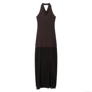 Women Sexy Backless Halter Neck Pleated Maxi Dress Elegant Patchwork Sleeveless Coffee Brown Long Dress For Party Evening Streetwear Autumn