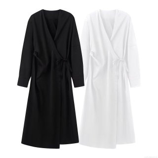 Women V Neck Long Sleeve Wrap Dress Elegant Solid Color Tie Waist Shirt Maxi Dress For Autumn Streetwear Party Fashion Dresses