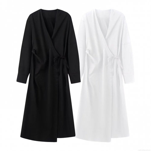 Women V Neck Long Sleeve Wrap Dress Elegant Solid Color Tie Waist Shirt Maxi Dress For Autumn Streetwear Party Fashion Dresses