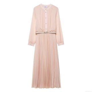 Elegant Pleated Maxi Dress With Belt Women Long Sleeve Round Neck Chiffon Texture A-Line Dress Solid Color Autumn Streetwear Fashion Gown