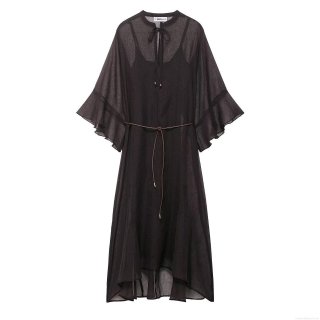 Women's Sexy Black Chiffon Maxi Dress Ruffle Long Sleeve V-Neck Tie Waist Sheer Patchwork Streetwear Autumn Long Flowy Dress For Party Vacation