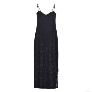 Women Sexy Black Lace Maxi Dress Hollow Out Sleeveless V-Neck Backless Patchwork Spaghetti Strap Elegant Evening Party Slim Long Dress