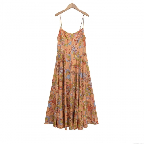 Women Vintage Bohemian Floral Print Camisole Maxi Dress V Neck Polyester Chiffon Back Zipper Slim Fit Beach Vacation Party Summer Long Dress