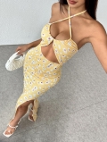 Women's Sexy Halter Neck Floral Print Maxi Dress 95% Polyester 5% Elastane Cut-out High Slit Bodycon Dress For Summer Vacation Daisy Print Slim Fit Long Dress