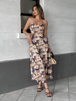 Women Summer Floral Print Halter Maxi Dress Sexy Backless Cut-out Lace-up Slim Fit Polyester Long Dress For Vacation Resort Style