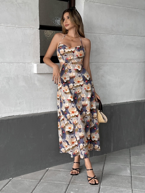 Women Summer Floral Print Halter Maxi Dress Sexy Backless Cut-out Lace-up Slim Fit Polyester Long Dress For Vacation Resort Style