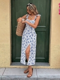 Women Sweet Bohemian Floral Maxi Dress Summer Holiday Beach Ruffle Straps Square Neck High Slit Polyester Elastane Boho Sundress