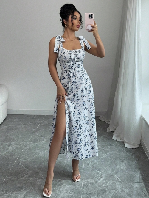 Women's Summer Sweet Blue Floral Maxi Dress With Bow-tie Spaghetti Strap Square Neck High Slit Polyester Spandex Long Dress For Vacation Beach Wear